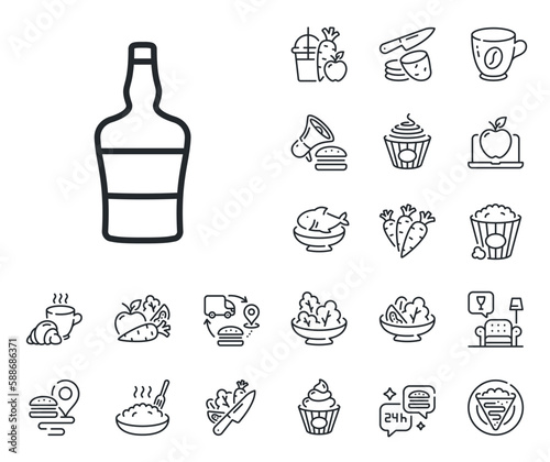 Brandy alcohol sign. Crepe, sweet popcorn and salad outline icons. Scotch bottle line icon. Scotch bottle line sign. Pasta spaghetti, fresh juice icon. Supply chain. Vector