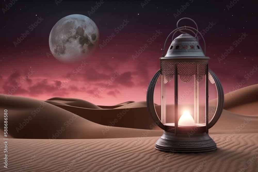 Lantern with burning candle on a wooden table in front of the moon and mosque Generative ai