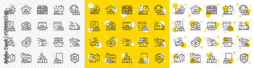 Return package, logistic service and delivery date set. Delivery line icons. Freight distribution, global export and courier truck line icons. Logistic transport, ship delivery. Vector