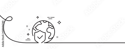World insurance line icon. Continuous one line with curl. Global business protection sign. Internet security symbol. World insurance single outline ribbon. Loop curve pattern. Vector