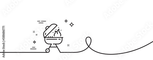 Grill line icon. Continuous one line with curl. Barbecue cooker for cooking food sign. Meat brazier with fire symbol. Grill single outline ribbon. Loop curve pattern. Vector
