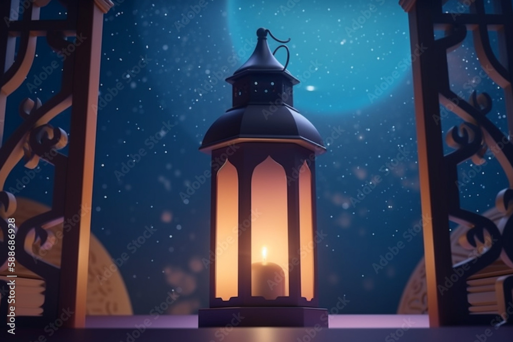 Fototapeta premium Lantern with burning candle on a wooden table in front of the moon and mosque Generative ai