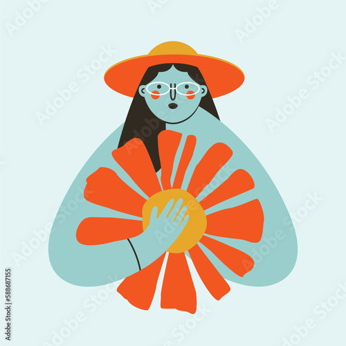 Woman in hat and glasess holding orange flower. Summer, retro concept. Cartoon abstract character. Vector isolated illustration with girl in modern flat style. For sticker, banner, placard