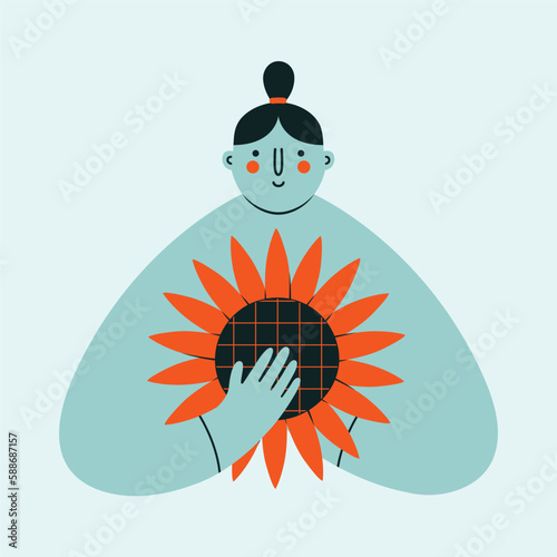 Person holding sunflower. Humanism, no war, peace, humanity concept. Cartoon abstract character. Vector isolated illustration with women, girl in modern flat style. For logo, sticker, banner, placard