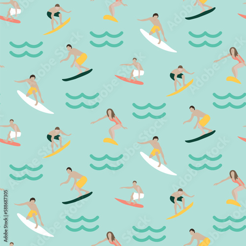 Summer beach holiday seamless repeat pattern. Digital printable paper. Surfing people on sea pattern.
