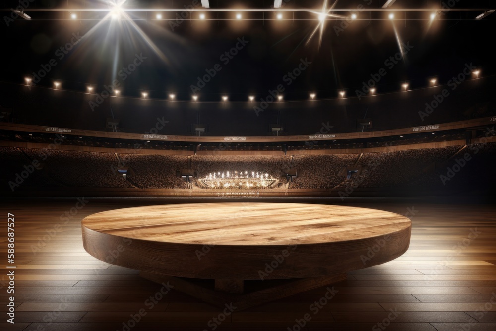 Empty Wooden Tabletop Showcase Stage with Sports Stadium in Background
