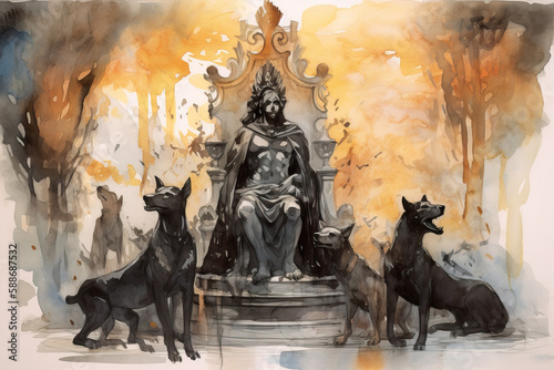  a painting of an old man with dogs and a throne, Generative AI