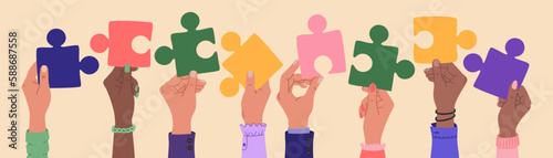 Human hands of different ethnicity people holding a pieces of jigsaw. Team cooperation and communication. Hand drawn vector vector illustration isolated on light background. Modern flat cartoon style.