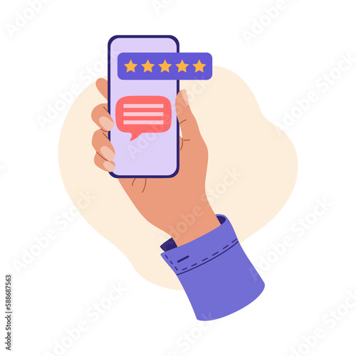 Wallpaper Mural Hand holding smartphone with review 5 stars rating on screen. Online consumer feedback satisfaction survey concept. Hand drawn vector illustration isolated on light background. Flat cartoon style. Torontodigital.ca