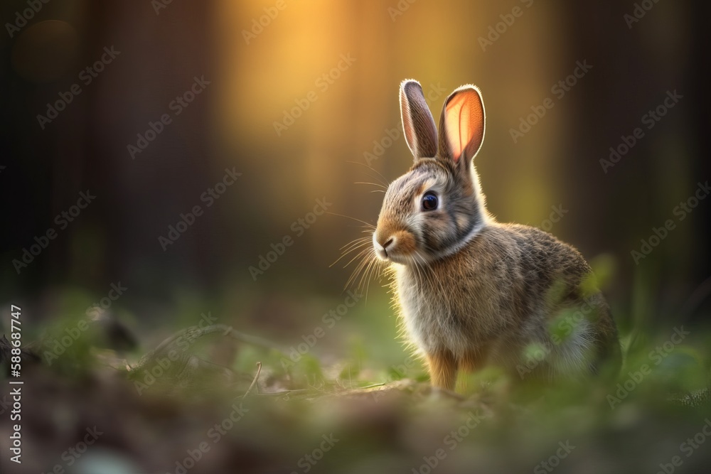 Fototapeta premium Back-lit scene of a beautiful baby rabbit sitting alone in a woodland setting
