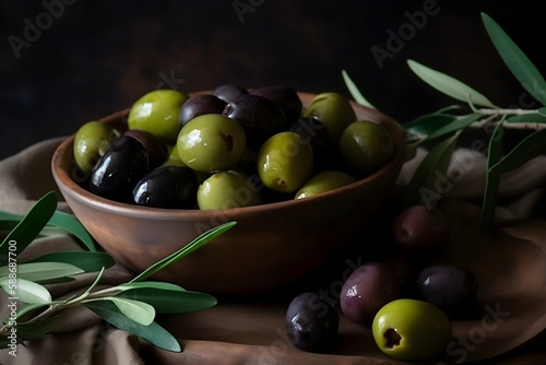 Mixed marinated green, black and purpleolives in a ceramic bowl and basil leaves, generative AI.