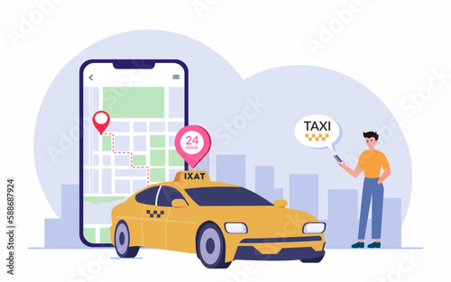 Online Taxi Booking via Mobile App on Smartphone, concept of Online carsharing.