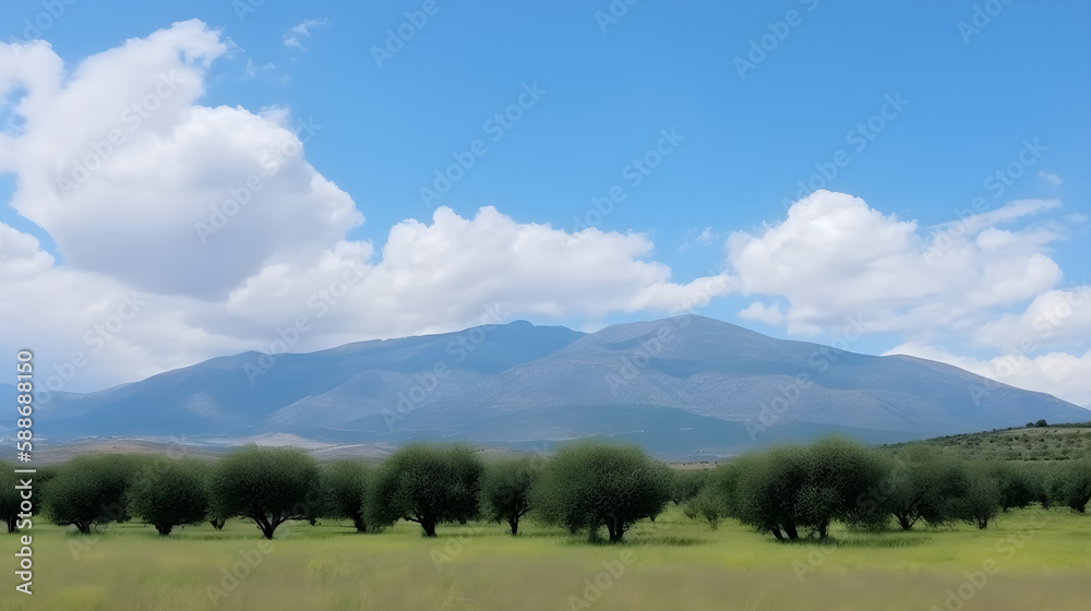 Old olive tree plantation with beautiful dramatic background with mountains and blue sky with clouds, generative AI. Old olive tree plantation with beautiful dramatic background with mountains and blue sky with clouds, generative AI.