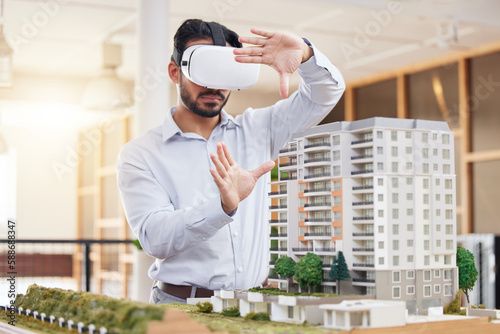 Architect, man and virtual reality architecture model, construction and building with future technology and UX. VR goggles, design and engineering, metaverse and simulation of property development