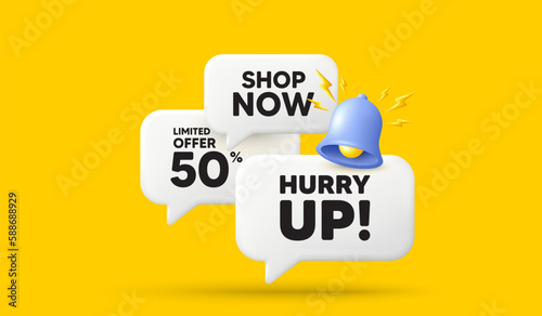 Hurry up sale tag. 3d offer chat speech bubbles. Special offer sign. Advertising discounts symbol. Hurry up sale speech bubble 3d message. Talk box banner with bell. Vector