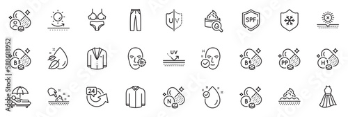 Icons pack as Suit, Pants and Skin care line icons for app include Clean skin, Pantothenic acid, Sun protection outline thin icon web set. Vitamin h1, No sun, Lingerie pictogram. Vector
