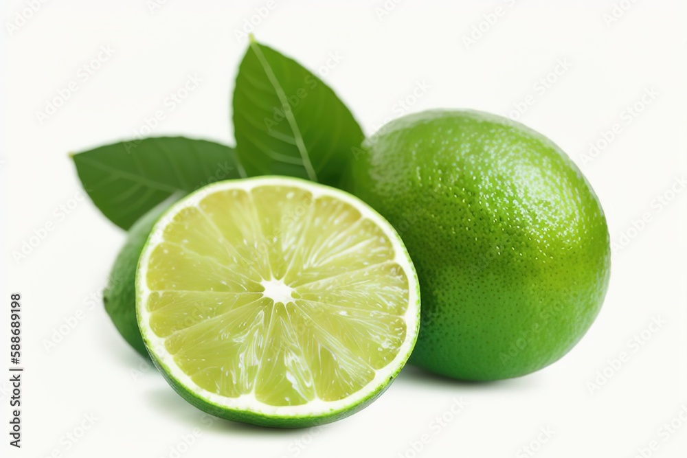 Green lime with cut in half and slices isolated on white background, Generative AI. Green lime with cut in half and slices isolated on white background, Generative AI.