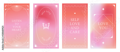 Vector set of design elements and illustrations in simple minimalist linear style - self care and love motivational quotes, prints and posters in y2k style