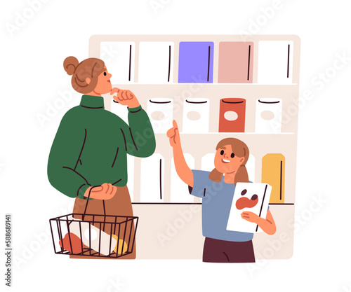 Mother and daughter buyers at grocery store, choosing food on shelves during shopping with customer basket. Happy kid asking mom to buy product. Flat vector illustration isolated on white background