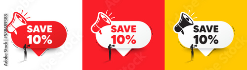 Save 10 percent off tag. Speech bubble with megaphone and woman silhouette. Sale Discount offer price sign. Special offer symbol. Discount chat speech message. Woman with megaphone. Vector