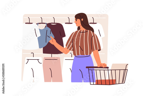 Girl shopper choosing clothes. Young woman shopping in fashion store. Female buyer customer with trolley searching garment hanging in mall. Flat vector illustration isolated on white background