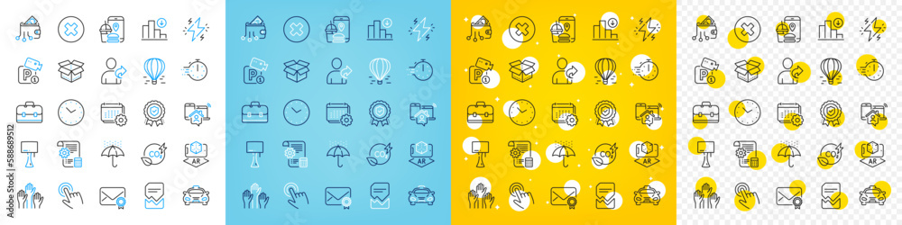 Vector icons set of Augmented reality, Verified mail and Open box line icons pack for web with Air balloon, Decreasing graph, Time outline icon. Work home, Power, Corrupted file pictogram. Vector Vector icons set of Augmented reality, Verified mail and Open box line icons pack for web with Air balloon, Decreasing graph, Time outline icon. Work home, Power, Corrupted file pictogram. Vector