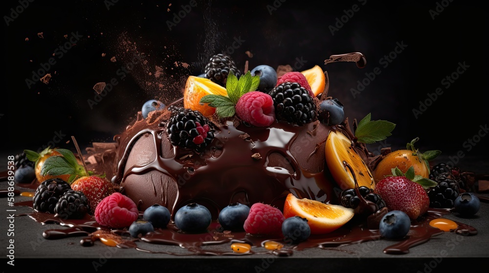 Indulge in a fruity chocolate dessert that packs an explosion of flavor. Captured in a food photography style on a dark backdrop. Generative AI