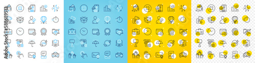 Vector icons set of Augmented reality, Verified mail and Open box line icons pack for web with Air balloon, Decreasing graph, Time outline icon. Work home, Power, Corrupted file pictogram. Vector