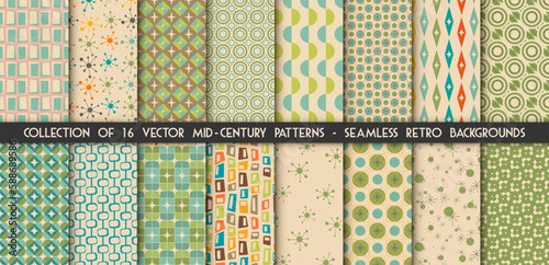 Mid century Collection of 16 modern seamless patterns in vector. 1950s vintage style atomic backgrounds, retro vector illustrations.