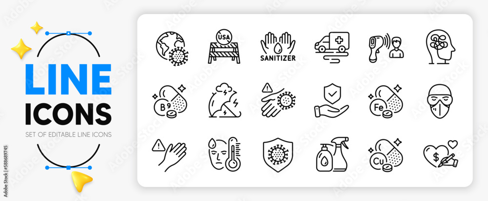 Iron, Coronavirus and Hand sanitizer line icons set for app include Wash hand, Fever, Dont touch outline thin icon. Usa close borders, Medical mask, Electronic thermometer pictogram icon. Vector
