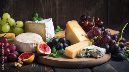Cheese platter with grapes and nuts. AI