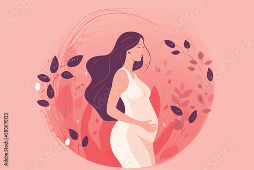 Beautiful pregnant woman banner with copy space, concept of pregnancy, parenthood, Card for design, Vector flat illustration on a light pink background.