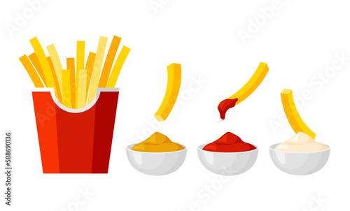 French fries in a red pack box. Potato sticks with ketchup dipping sauce. Fast food set. Vector illustration in trendy flat style isolated on white background.