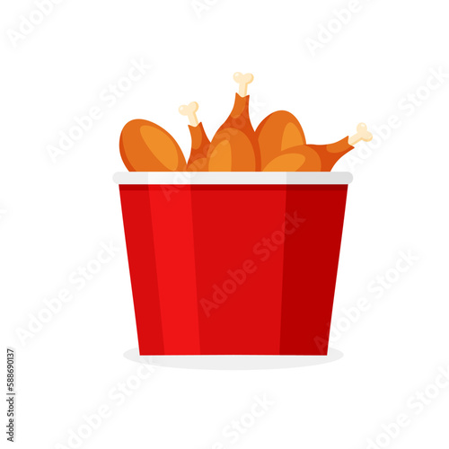 Crispy fried chicken pieces in a red bucket. Chicken drumsticks. Design element for poster, restaurant, menu, brochure, flyer. Vector illustration in trendy flat style isolated on white background.