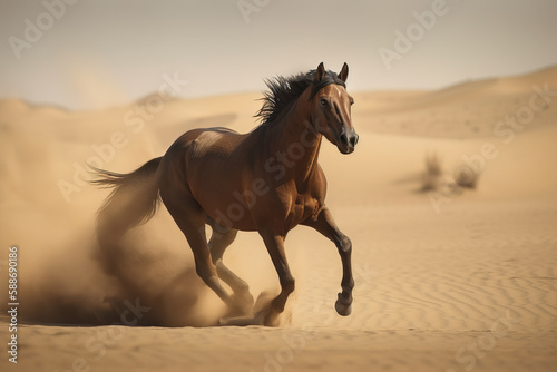 Image of a brown horse runs in the middle of the desert. Wildlife. Animals. illustration  generative AI