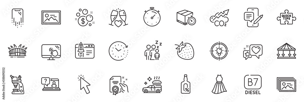 Icons pack as Food delivery, Alcohol free and Heart line icons for app include Certificate, Dress, Co2 outline thin icon web set. Carousels, Touch screen, Timer pictogram. Quick tips. Vector