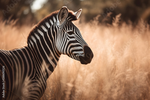 Zebra in tropical grasslands. Generative AI