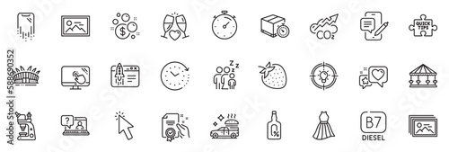 Icons pack as Food delivery, Alcohol free and Heart line icons for app include Certificate, Dress, Co2 outline thin icon web set. Carousels, Touch screen, Timer pictogram. Quick tips. Vector
