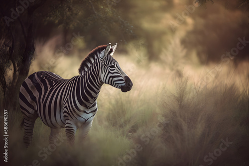 Zebra in tropical grasslands. Generative AI