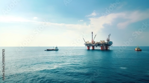 Oil rig in the sea on a sunny day with blue sky. Offshore oil drilling. Generative AI © AngrySun