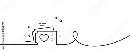 Love tickets line icon. Continuous one line with curl. Valentines day sign. Couple relationships symbol. Love tickets single outline ribbon. Loop curve pattern. Vector