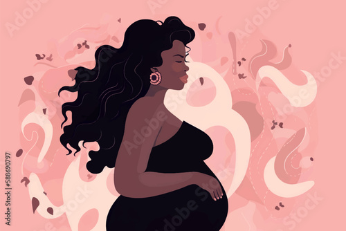 Beautiful black dark skin pregnant woman banner with copy space, concept of pregnancy, parenthood, Card for design, Vector flat illustration on a light pink background.