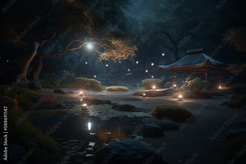 Fototapeta premium Zen Garden at Twilight - Generative AI