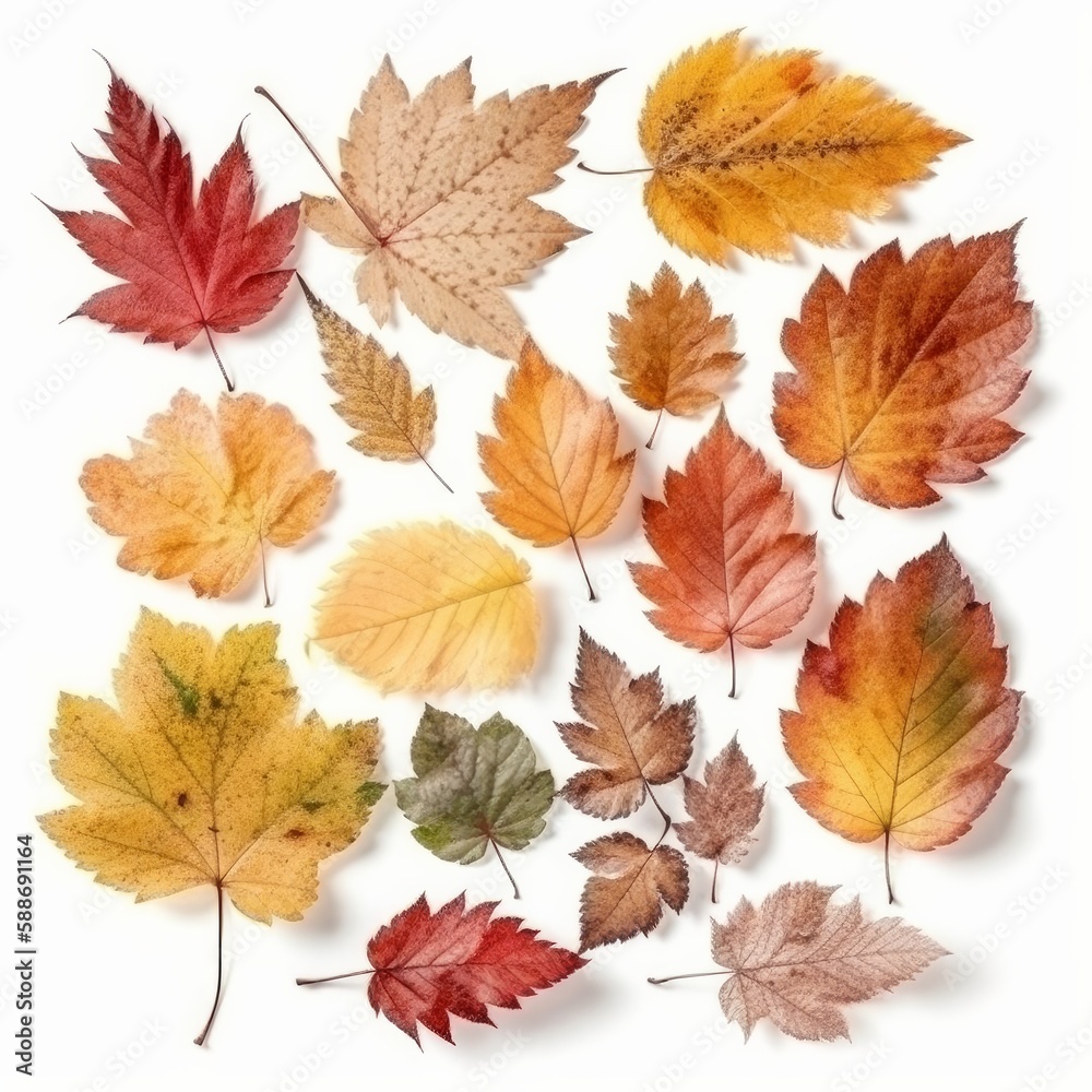 Fototapeta premium Isolated leaves. Collection of multicoloured fallen autumn leaves isolated on white background - created with Generative AI technology