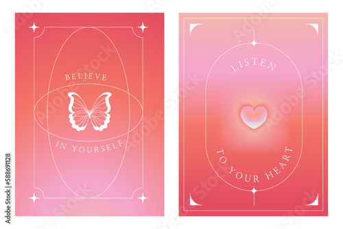 Vector set of design elements and illustrations in simple minimalist linear style - self care and love motivational quotes, prints and posters in y2k style