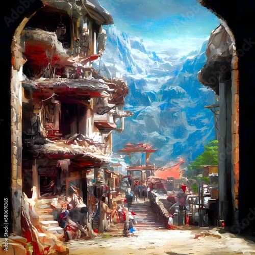  hindu mountain city abstract painting