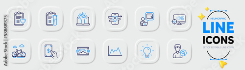 Light bulb, Wallet and Bike line icons for web app. Pack of Empower, Search people, Gps pictogram icons. Medical analyzes, Diagram, Seo signs. Patient history, Image carousel, Receive money. Vector