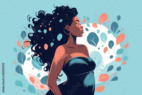 Beautiful black dark skin pregnant woman banner with copy space, concept of pregnancy, parenthood, Card for design, Vector flat illustration on a light blue background. 