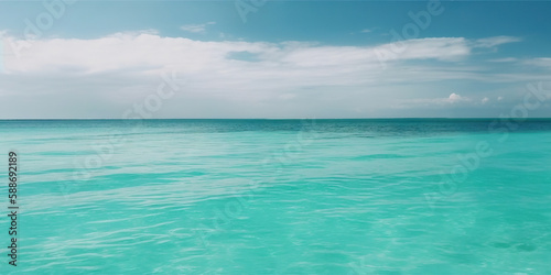 Panorama landscape of empty tropical turquoise sea and sky blue background. Generative AI © AngrySun
