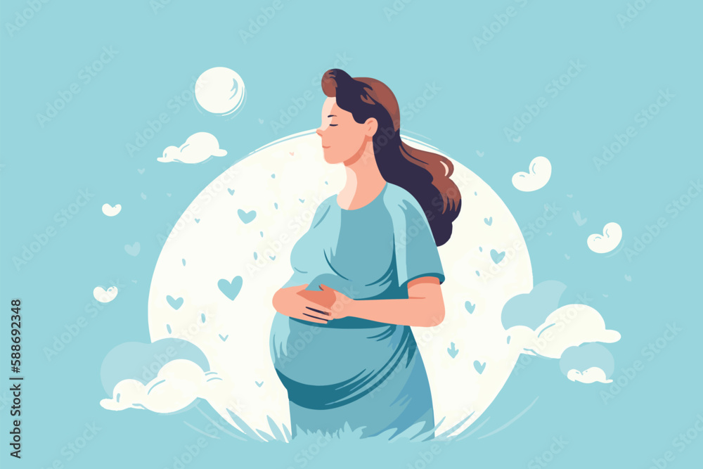 Beautiful pregnant woman banner with copy space, concept of pregnancy, parenthood, Card for design, Vector flat illustration on a light blue background. 